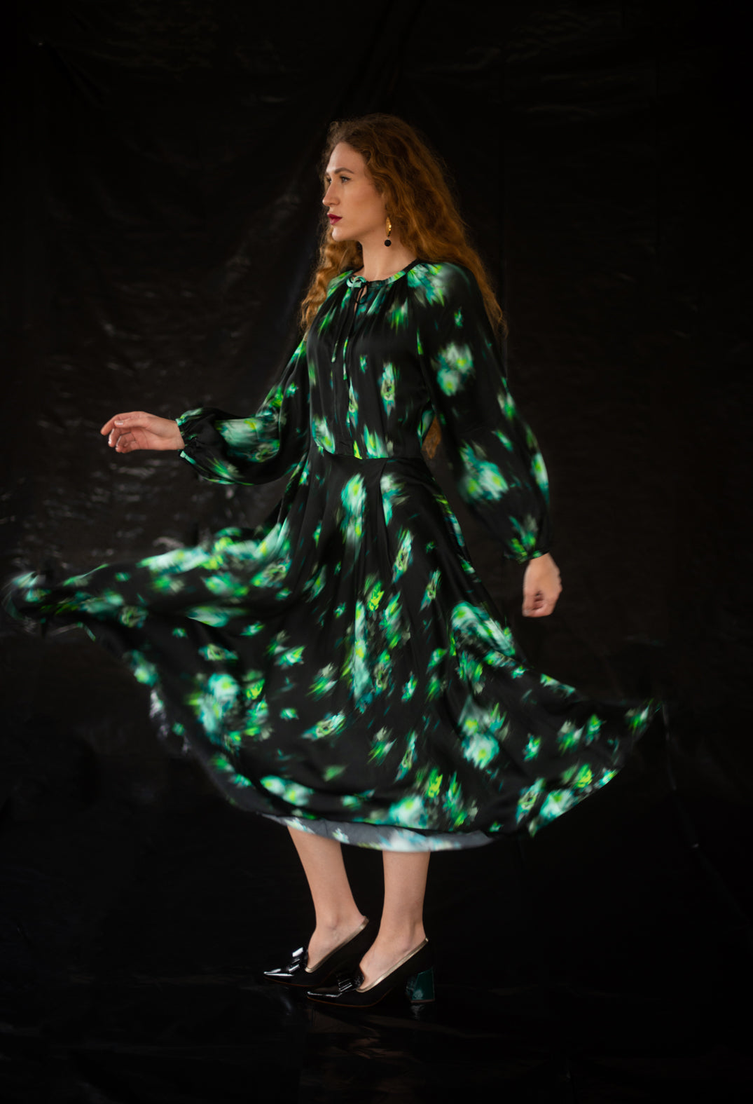 Louise Dress in Green and Black Print