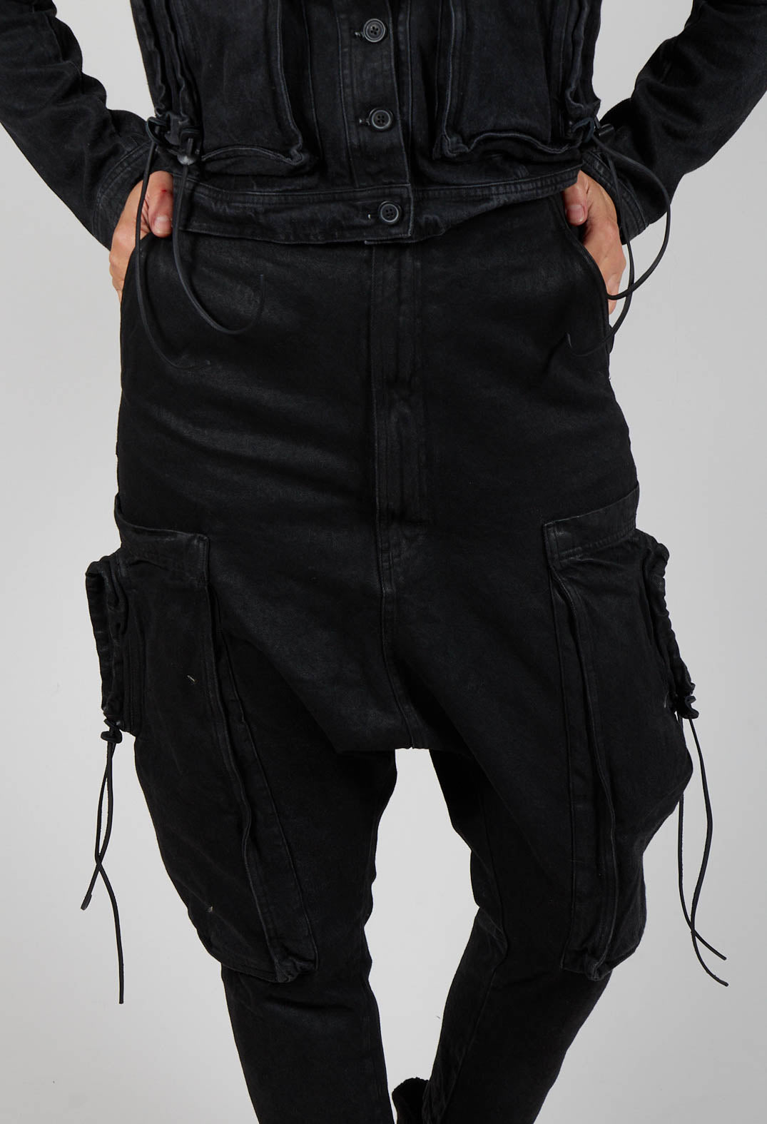 Denim Drop Crotch Trousers in Black Coated Jeans