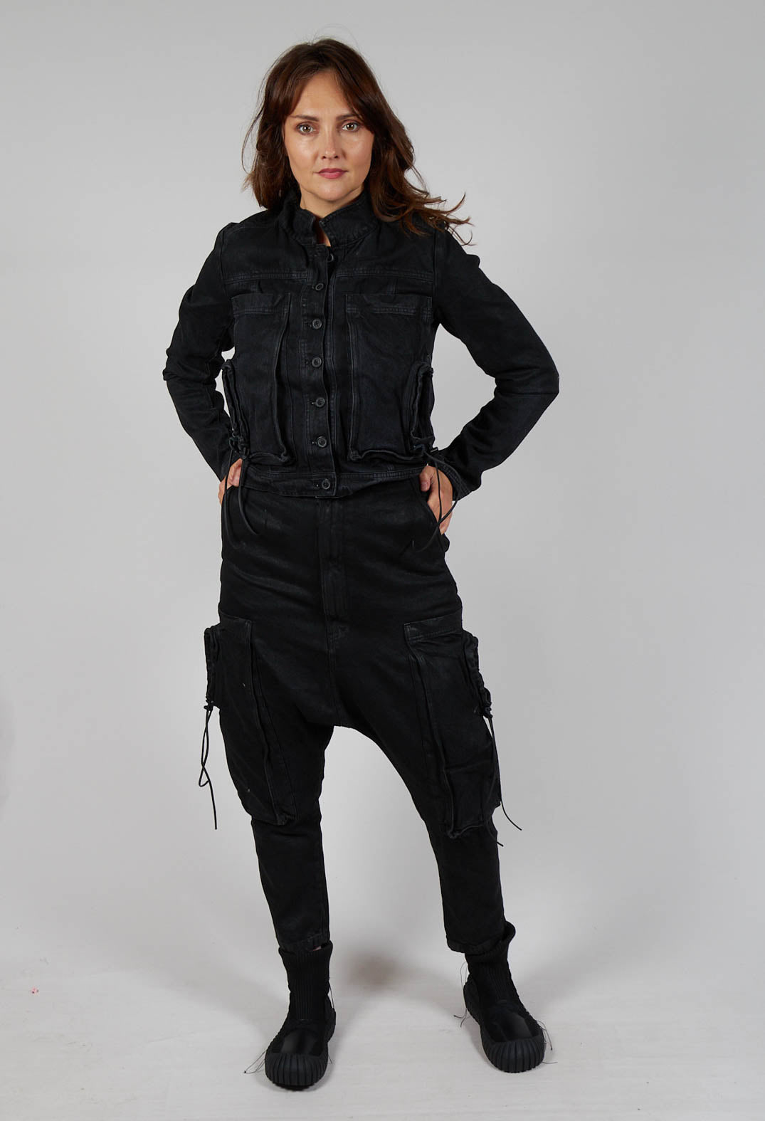 Denim Drop Crotch Trousers in Black Coated Jeans