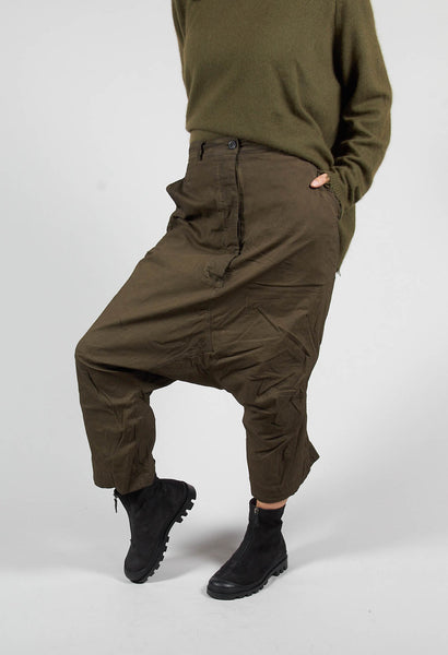 Distressed Cropped Drop Crotch Trousers in Khaki Cloud – Olivia May