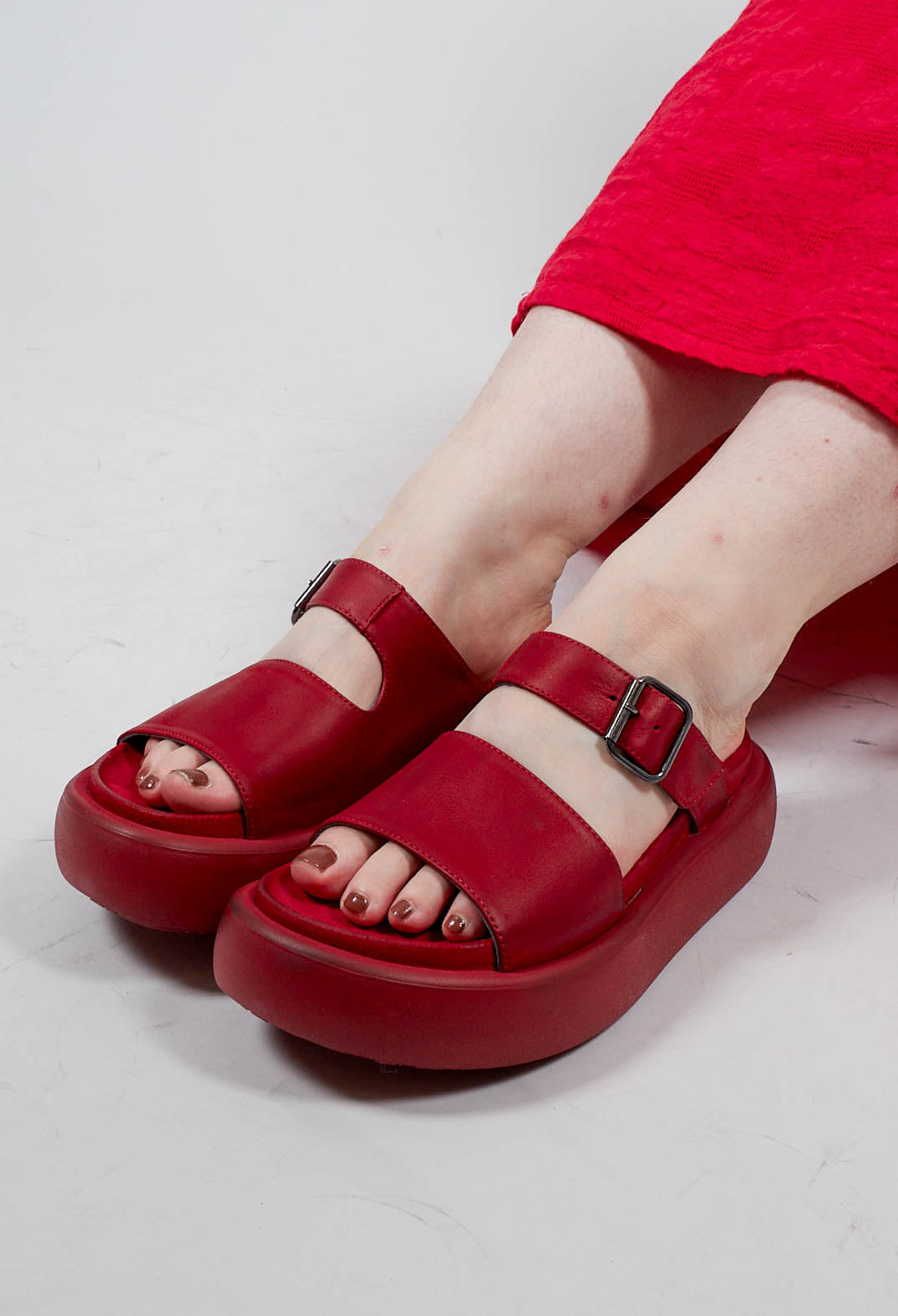 Double Strap Buckle Sandals in Gasoline Rosso