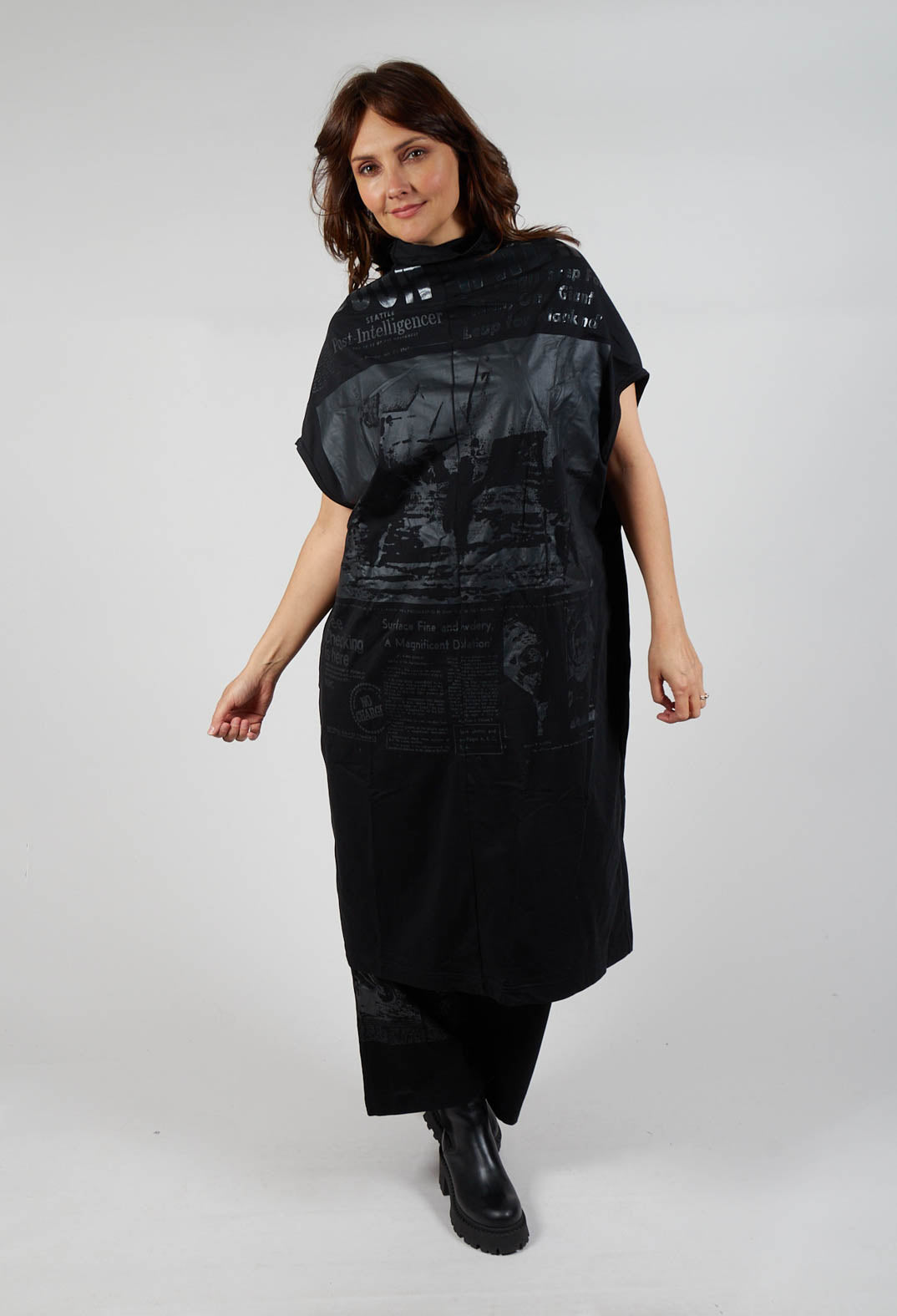 Draped High Neck Dress in Black Print