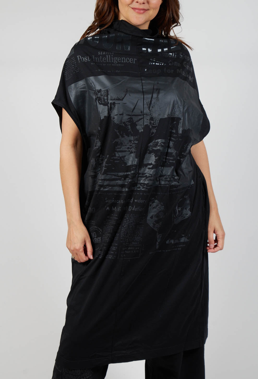 Draped High Neck Dress in Black Print