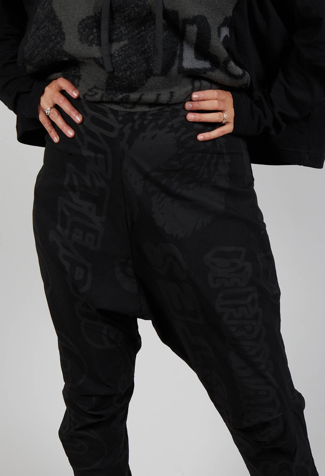 Drop Crotch Trousers in Black Big Print