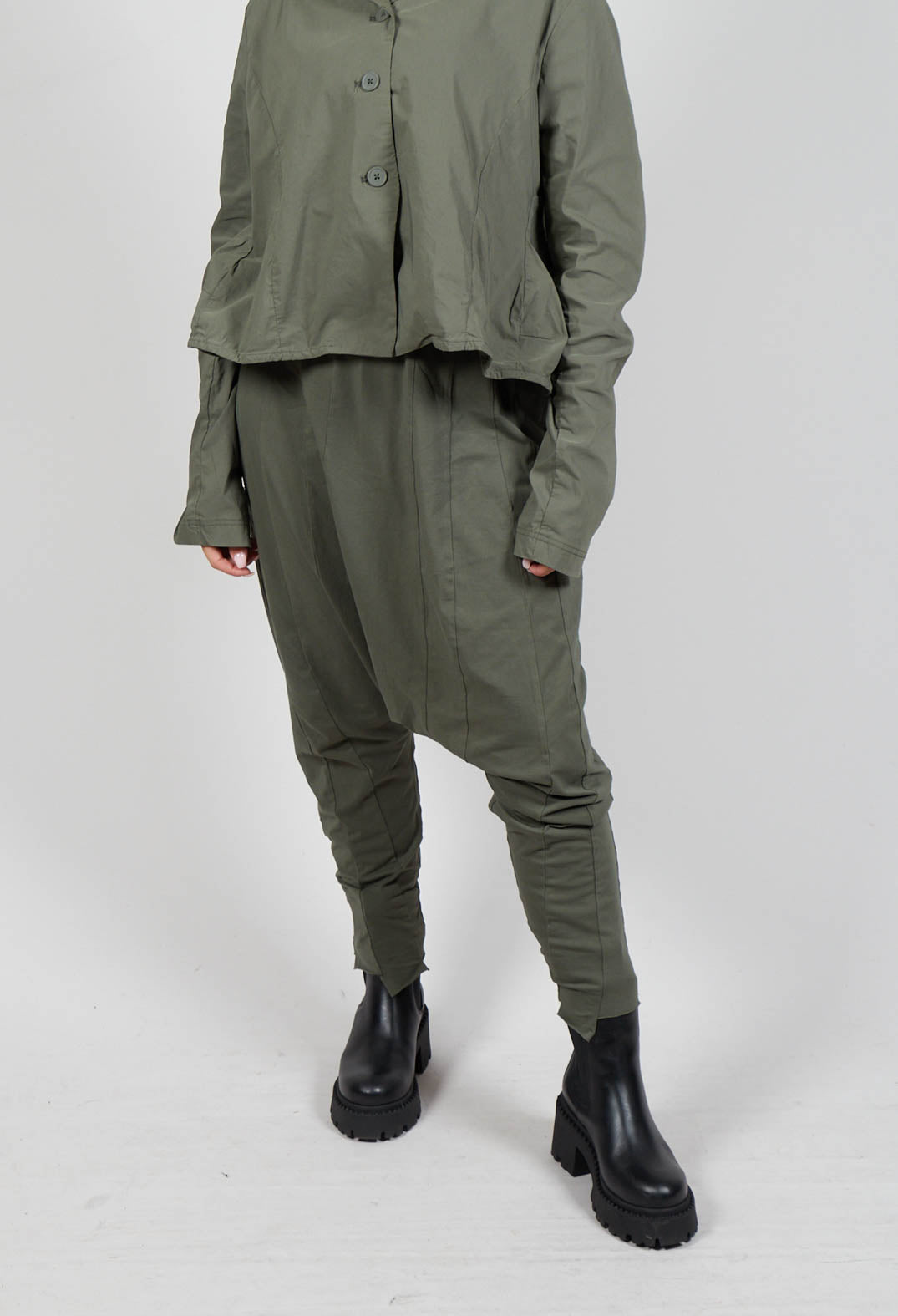 Drop Crotch Trousers with Exposed Seams in Camp