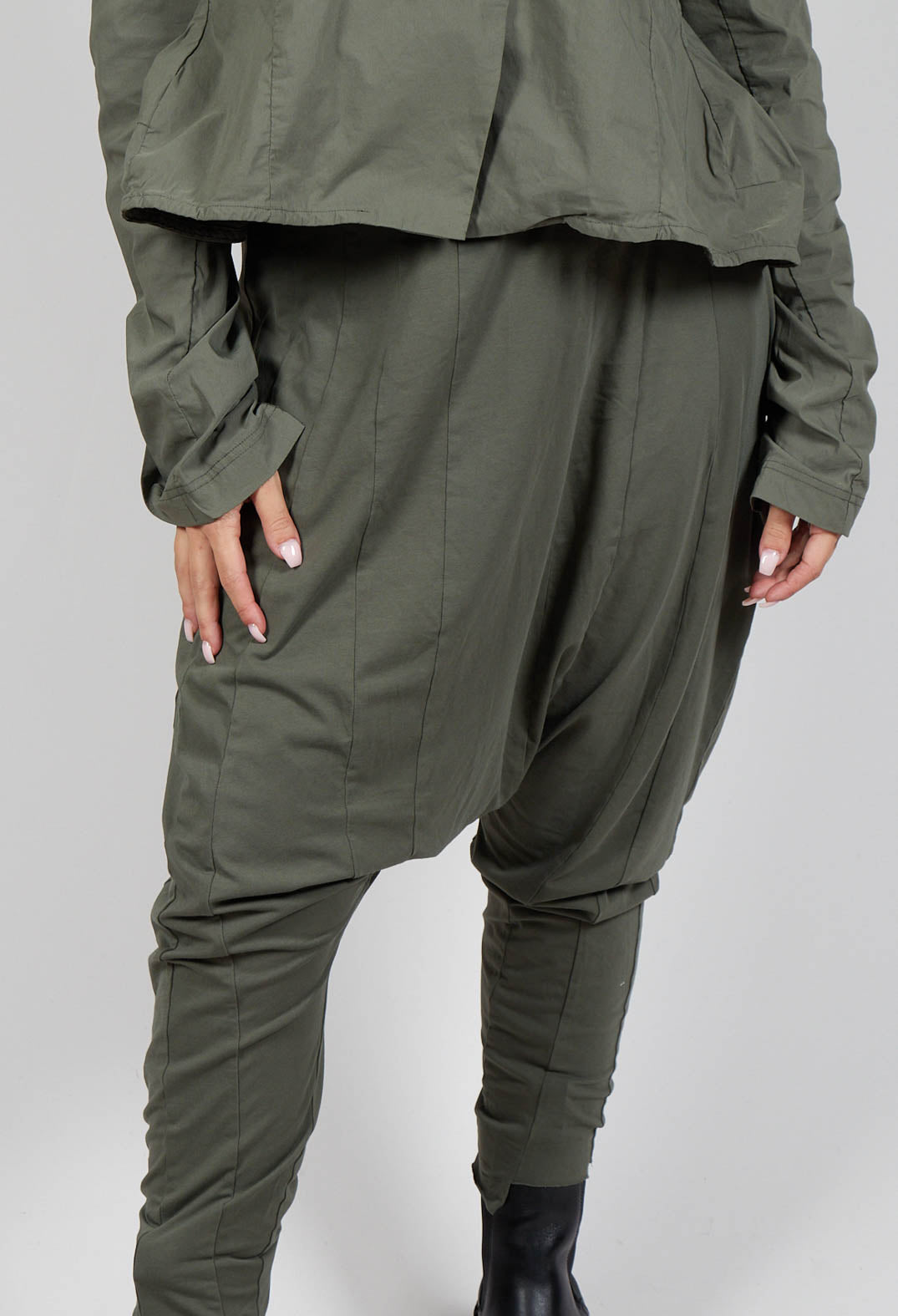 Drop Crotch Trousers with Exposed Seams in Camp