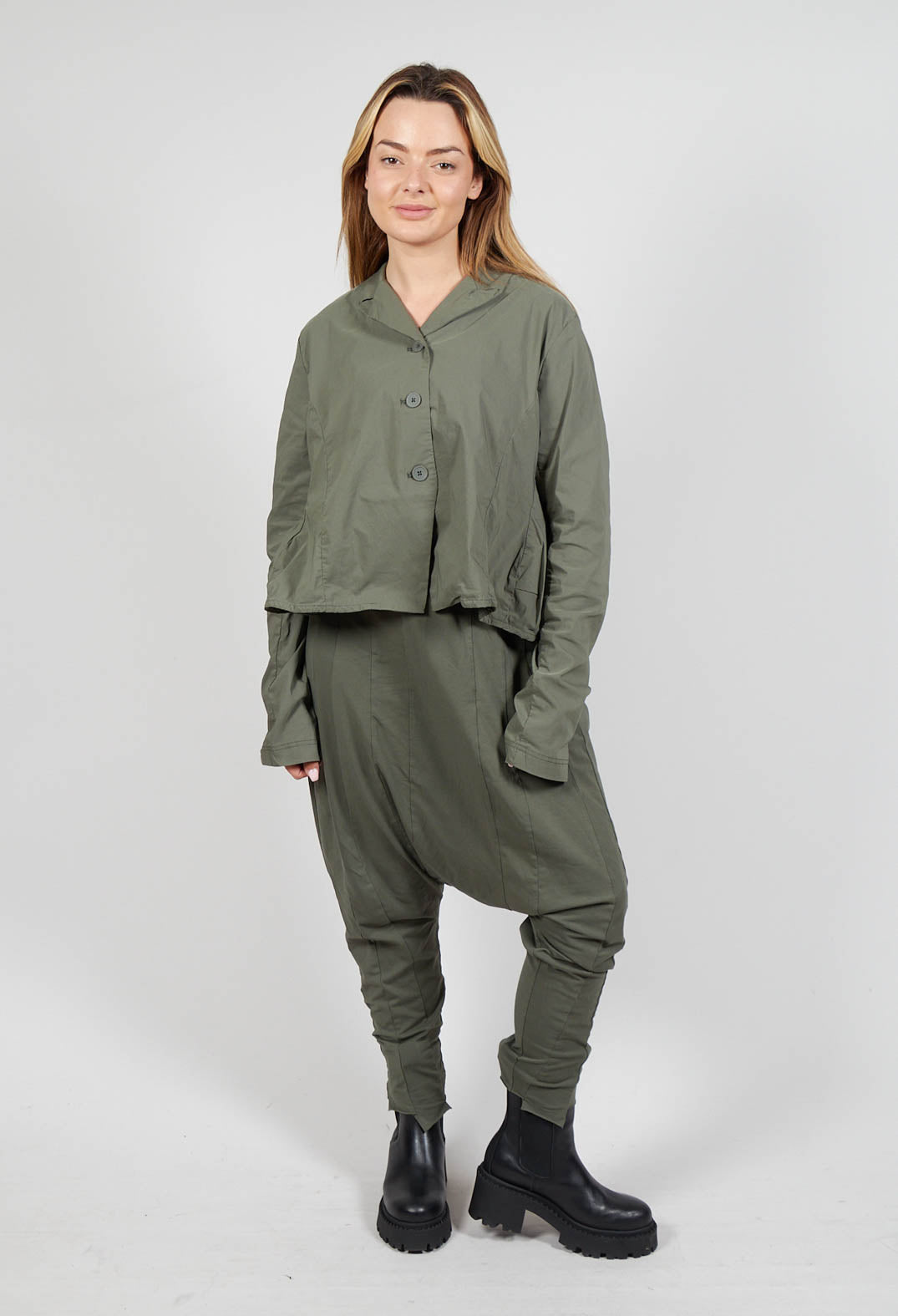 Drop Crotch Trousers with Exposed Seams in Camp