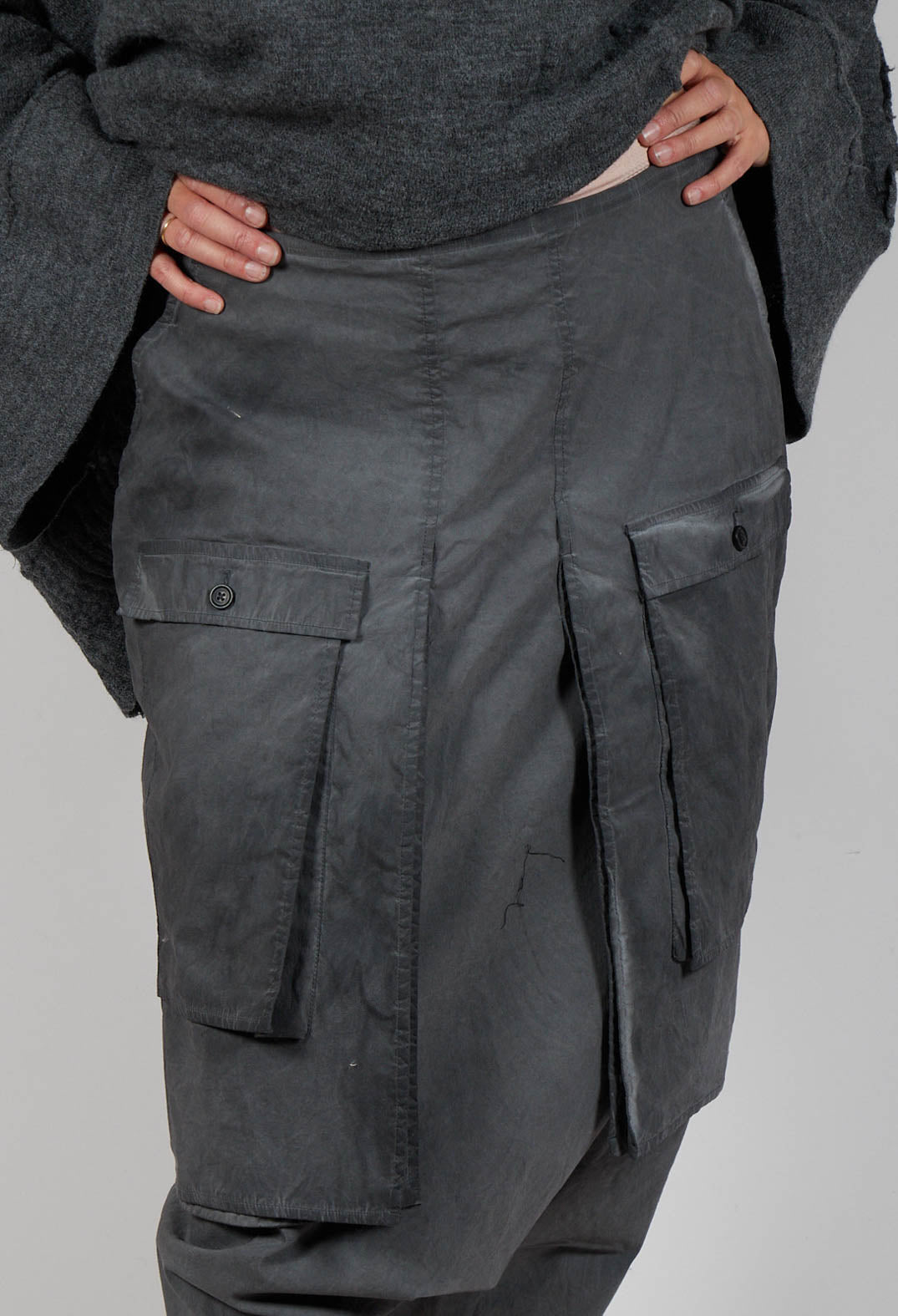 Drop Crotch Trousers with Statement Pockets in Coal Cloud