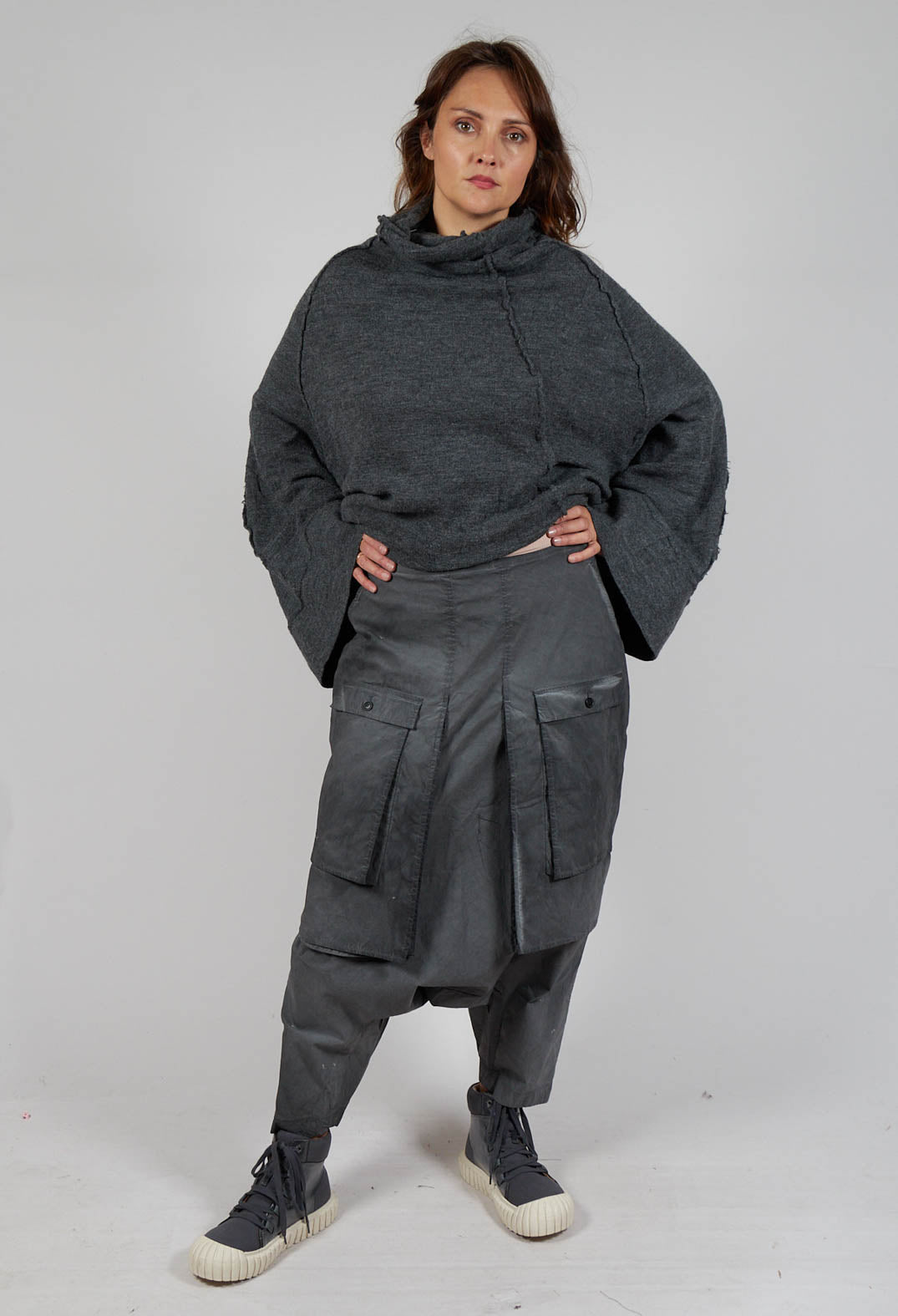 Drop Crotch Trousers with Statement Pockets in Coal Cloud