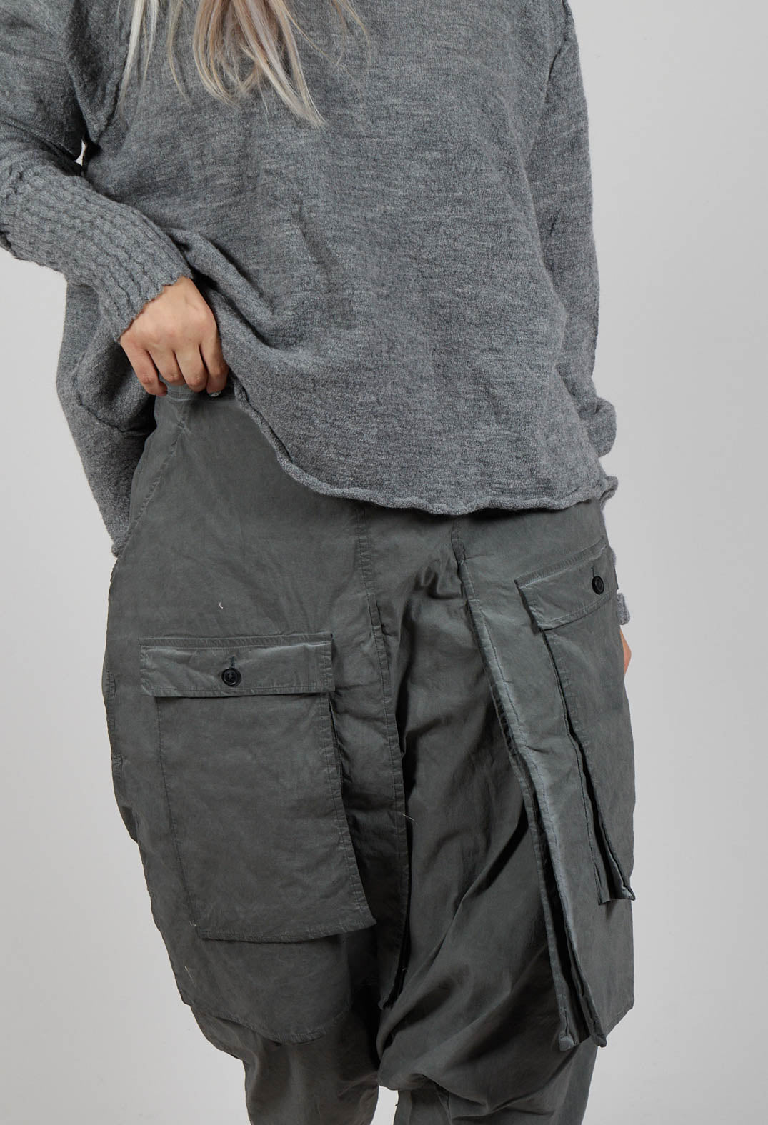 Drop Crotch Trousers with Statement Pockets in Pencil Cloud