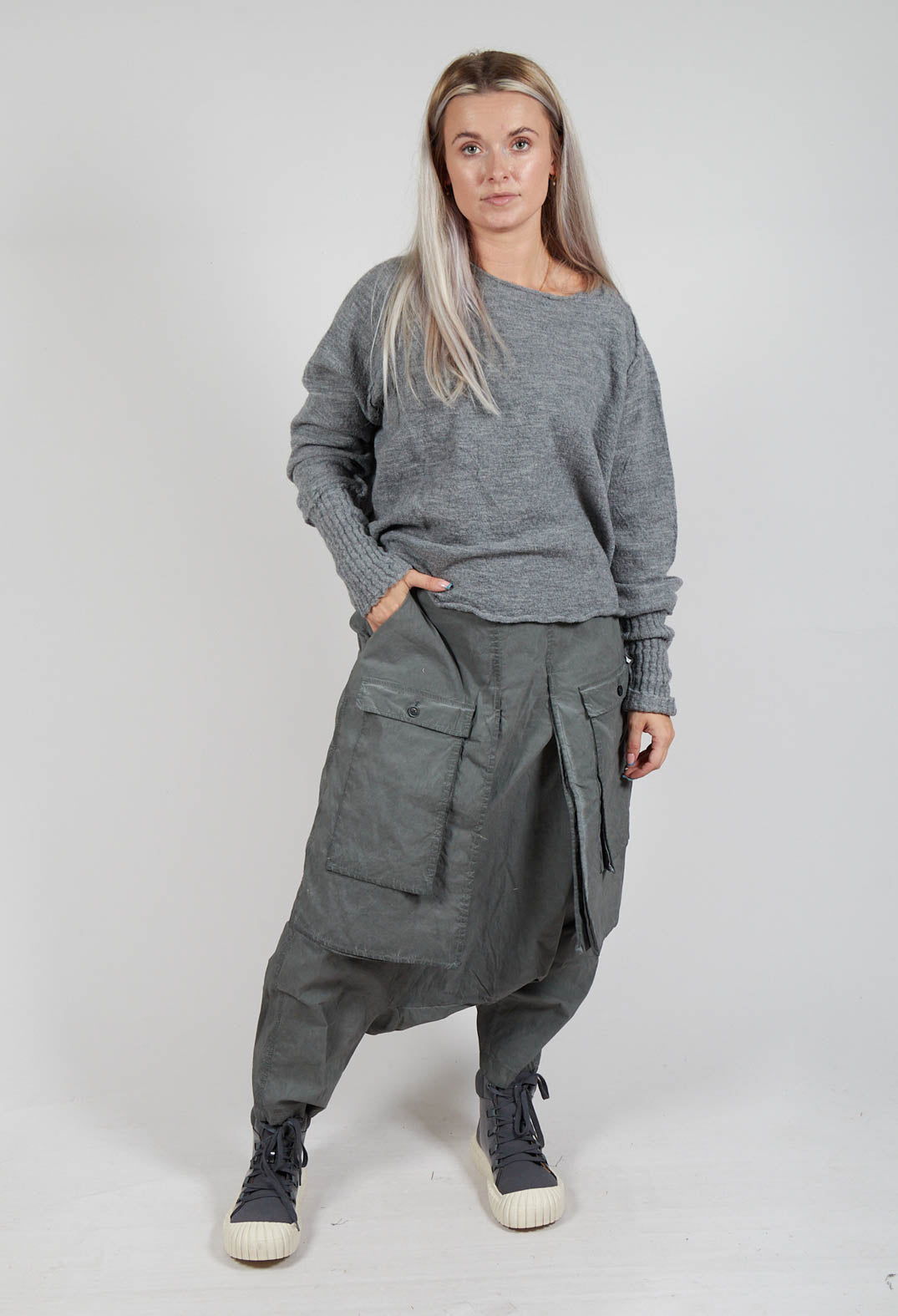 Drop Crotch Trousers with Statement Pockets in Pencil Cloud