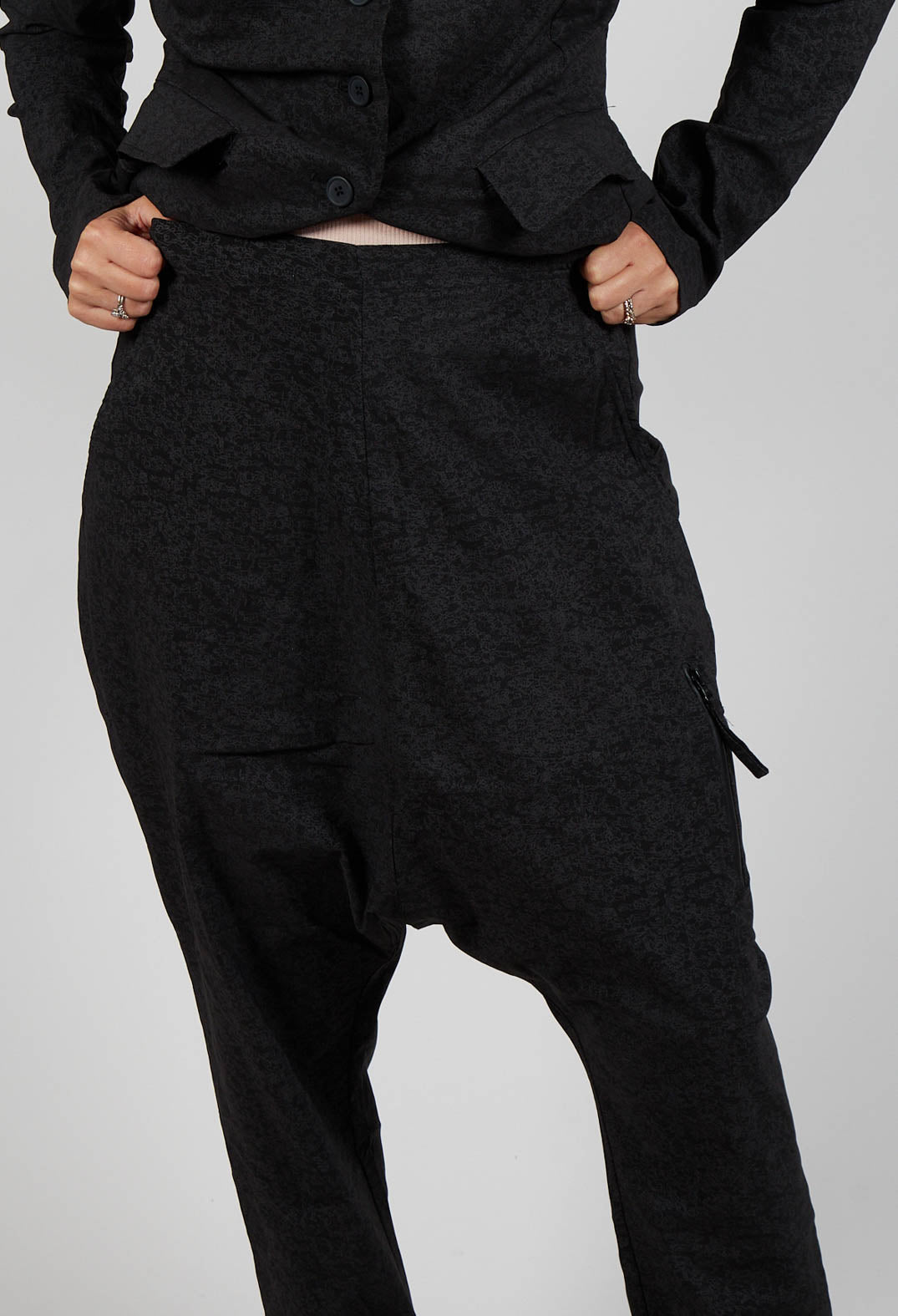 Drop Crotch Trousers with Tapered Leg in Black Shiny Print