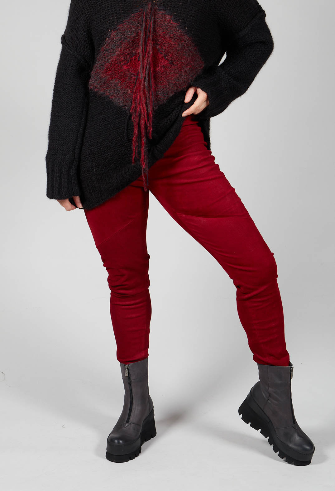 Suede Stretch Fit Skinny Trousers in Deep Red