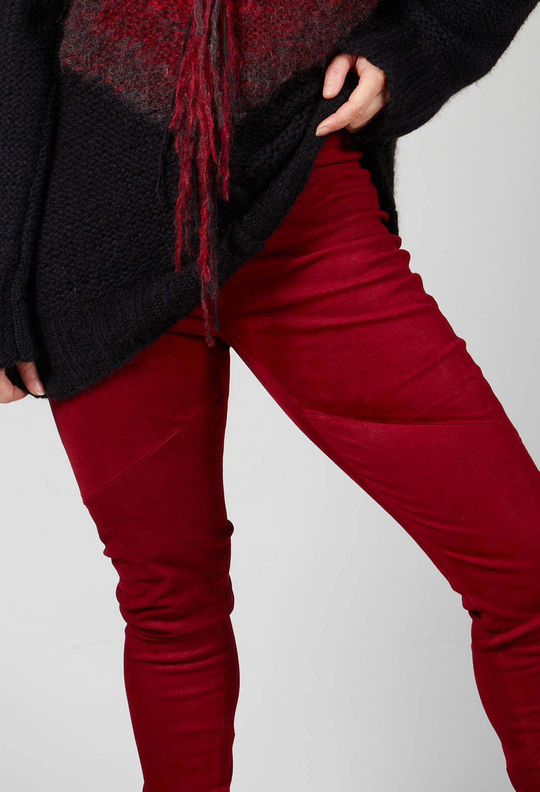 Suede Stretch Fit Skinny Trousers in Deep Red