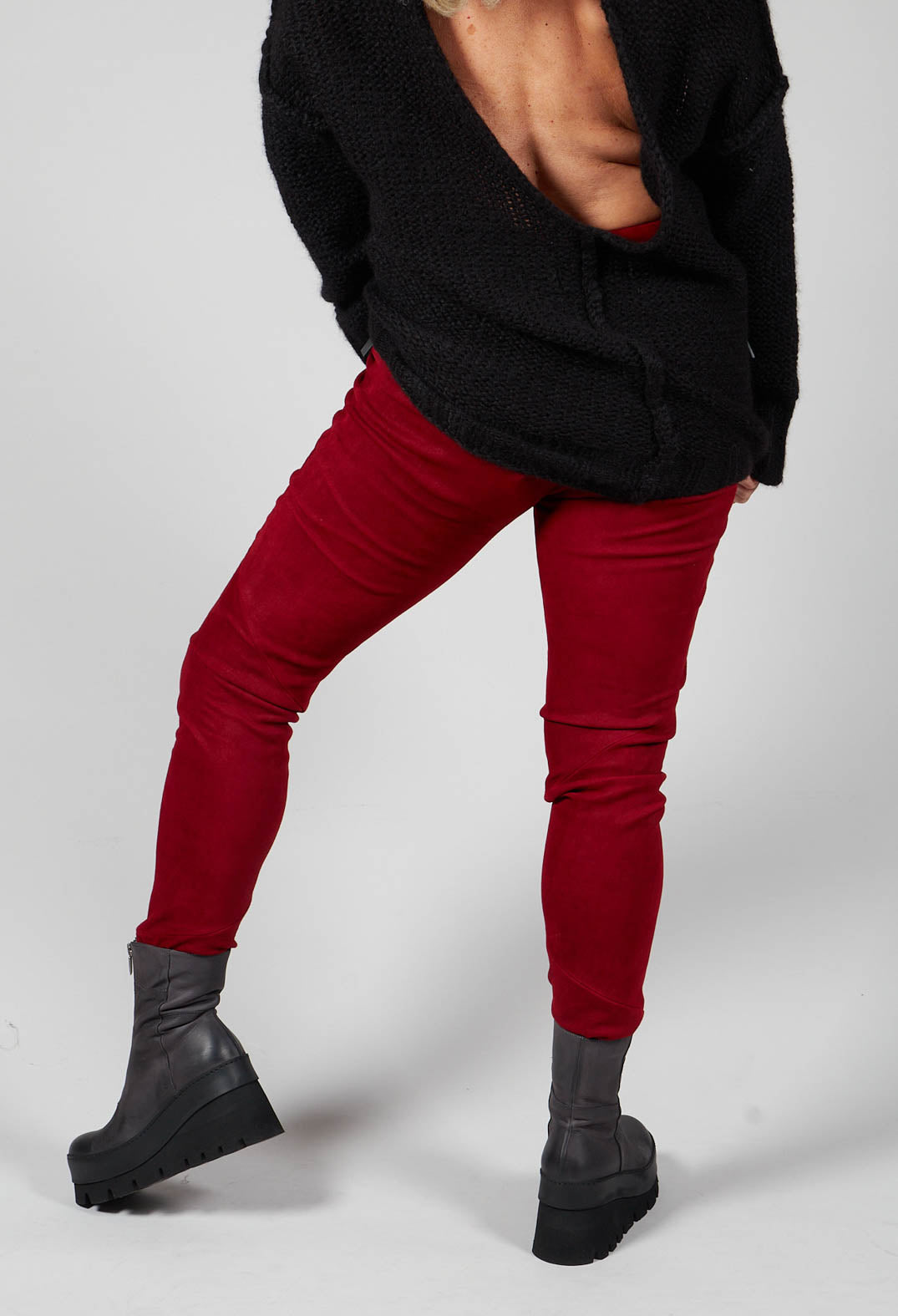 Suede Stretch Fit Skinny Trousers in Deep Red