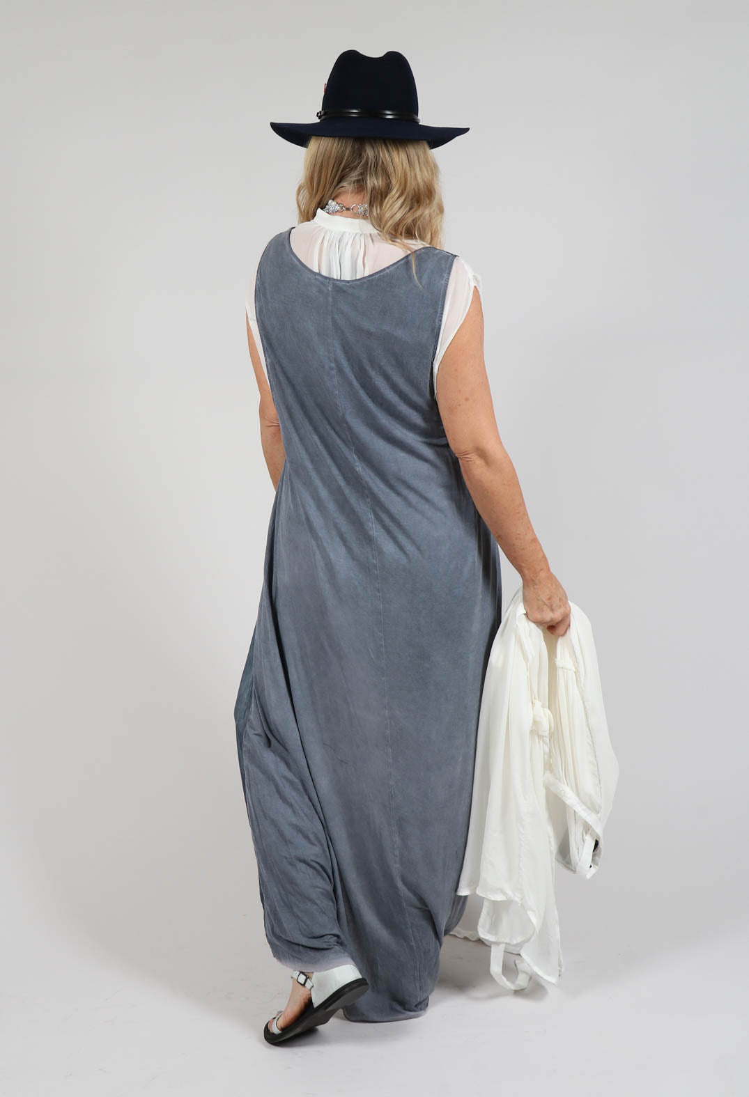 Sleeveless Sheer Dress with Drop Hem in indigo