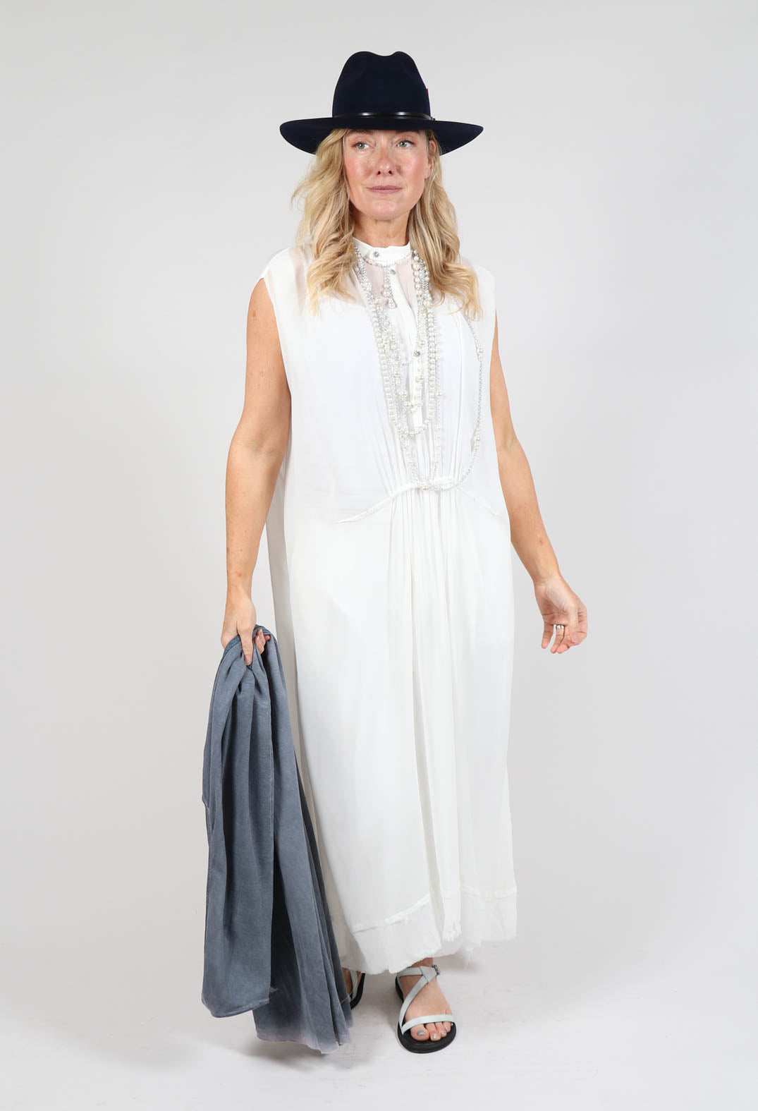 Sleeveless Washed Silk Shirt Dress in Off White