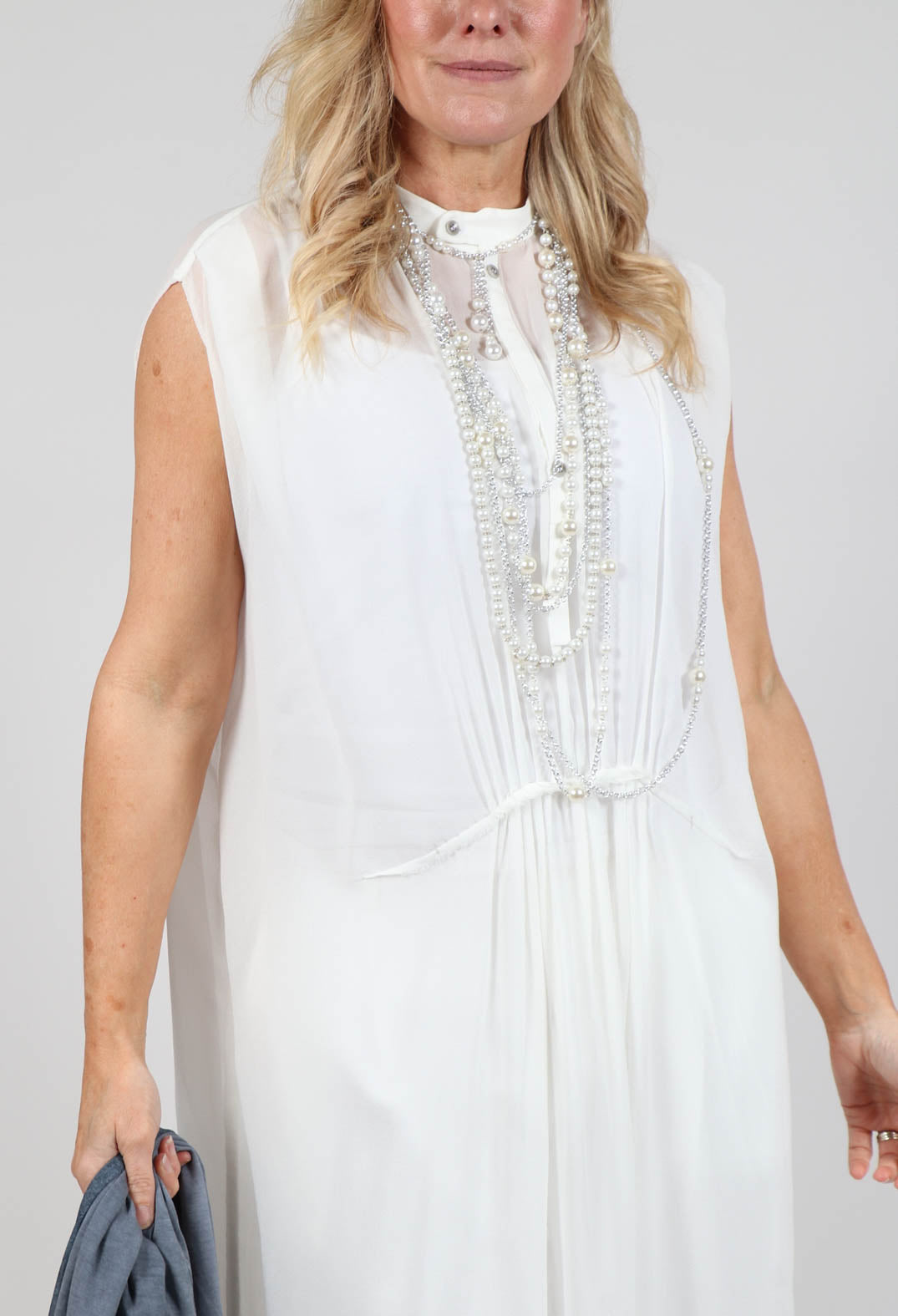 Sleeveless Washed Silk Shirt Dress in Off White