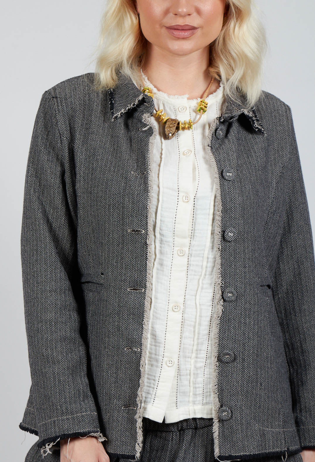 Herringbone Raw Edge Blazer Jacket in Sand