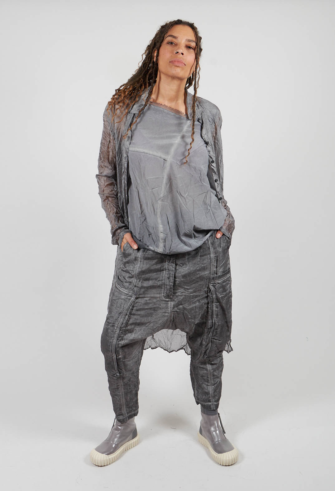 Silk Straight Leg Drop Crotch Trousers in Pencil Cloud