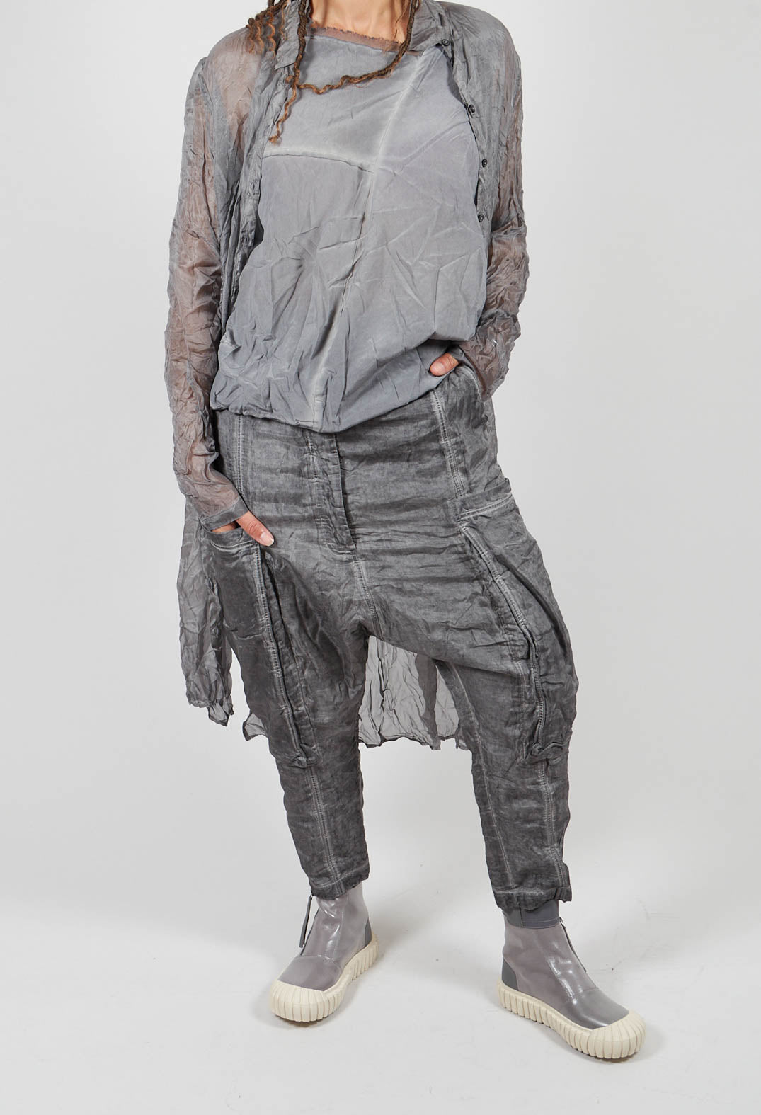 Silk Straight Leg Drop Crotch Trousers in Pencil Cloud