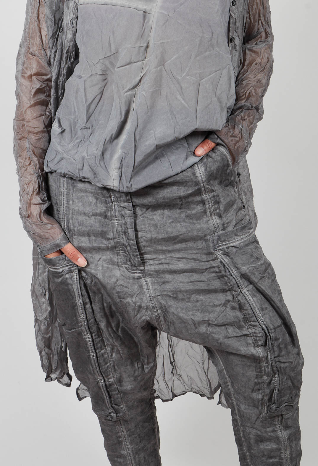 Silk Straight Leg Drop Crotch Trousers in Pencil Cloud