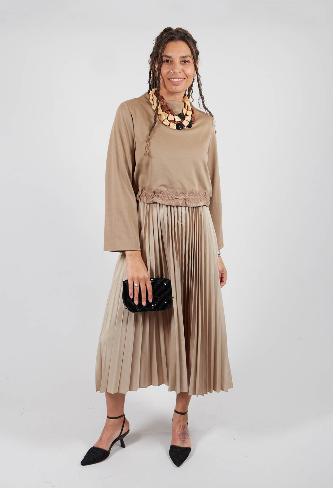 Pleated Dress with Overlay Top in Camel