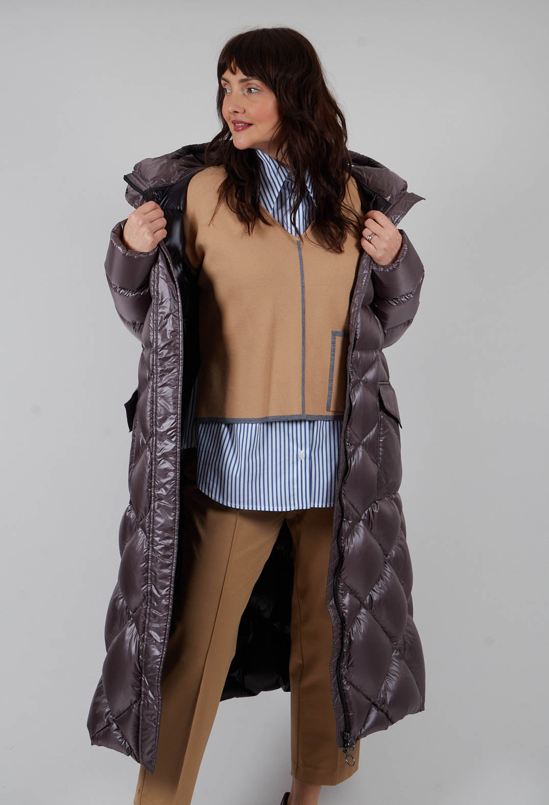 Longline Puffer Coat in Mud