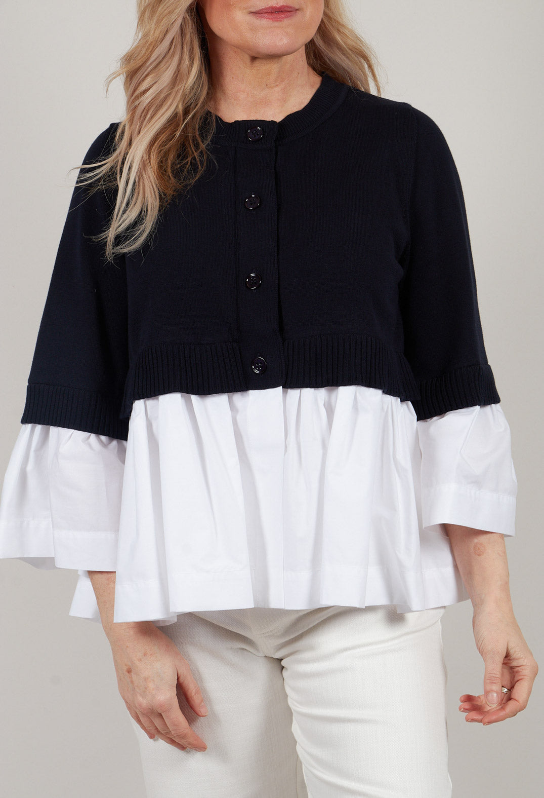 Faux Double Layer Cardigan in Polar Night and Off White