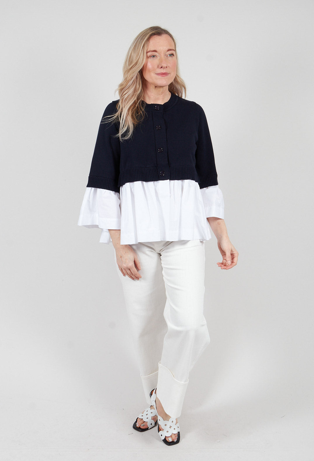 Faux Double Layer Cardigan in Polar Night and Off White