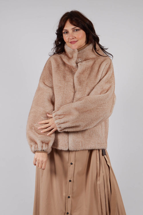 Faux Fur Jacket with High Neck in Beige