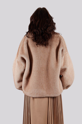 Faux Fur Jacket with High Neck in Beige