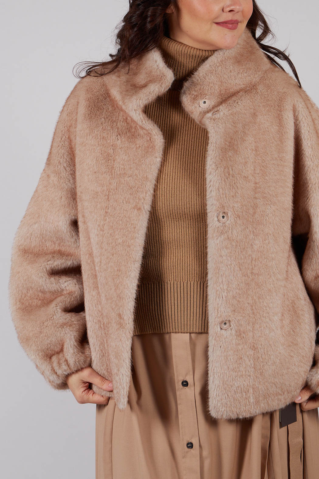 Faux Fur Jacket with High Neck in Beige