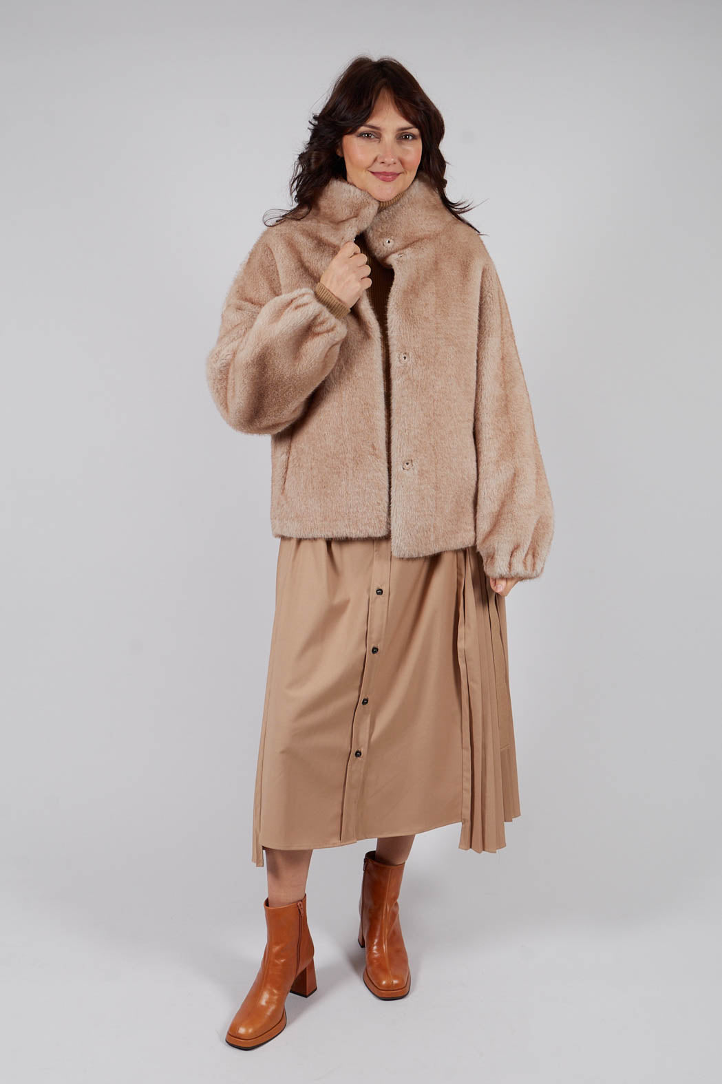 Faux Fur Jacket with High Neck in Beige