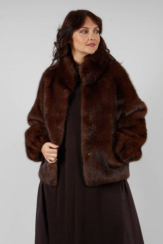 Faux Fur Jacket with High Neck in Brown