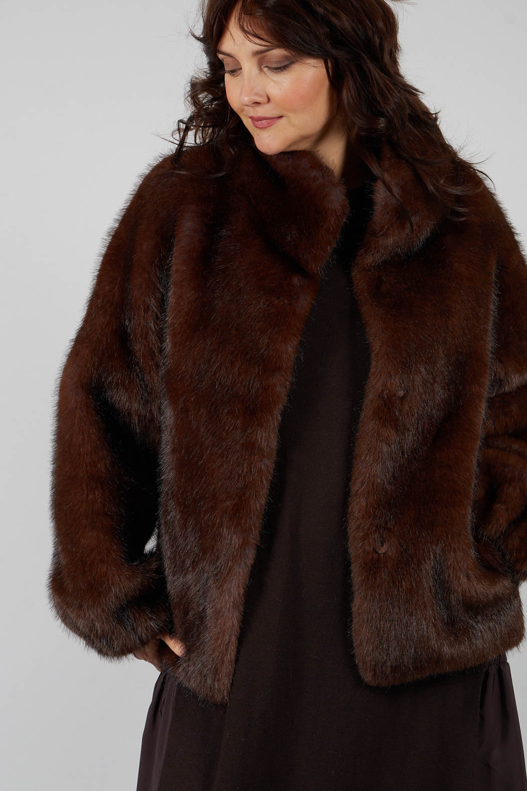 Faux Fur Jacket with High Neck in Brown