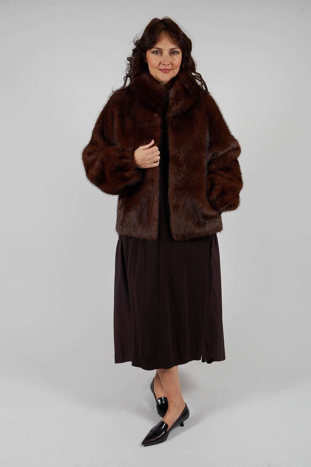 Faux Fur Jacket with High Neck in Brown