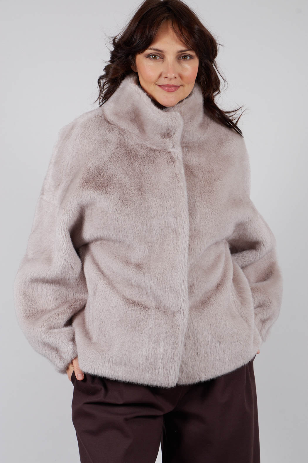 Faux Fur Jacket with High Neck in Grey