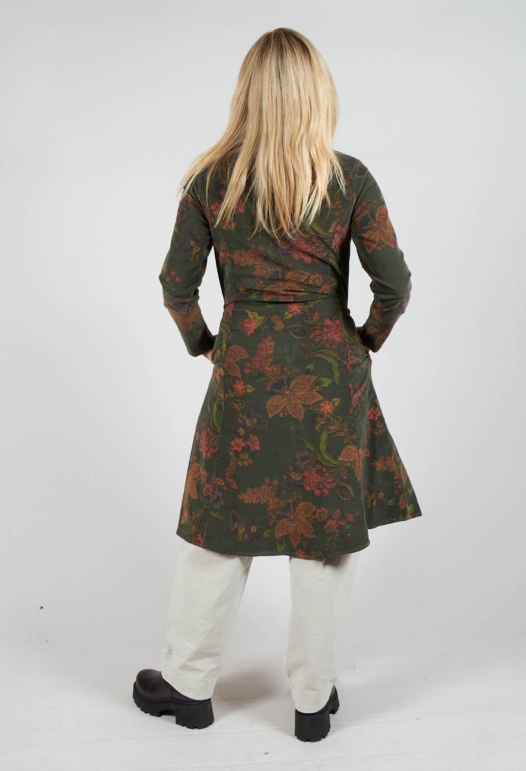 Floral Cord Shirt Dress in Moss