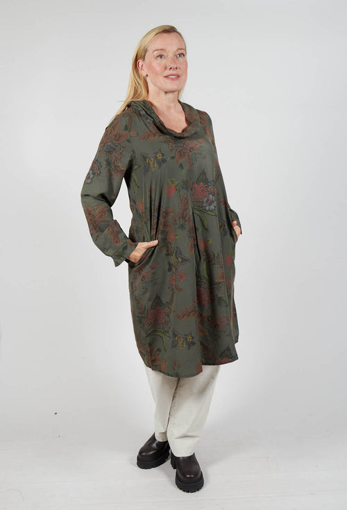 Floral Lyocell Cowl Neck Dress in Moss