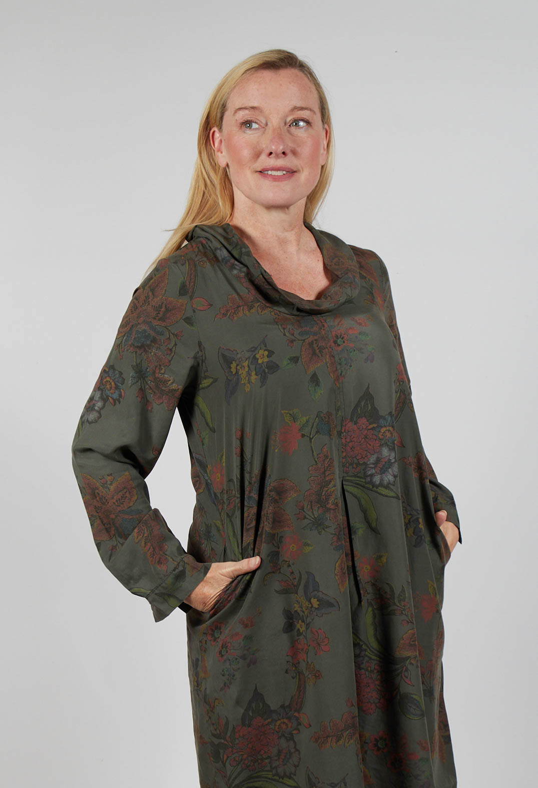 Floral Lyocell Cowl Neck Dress in Moss