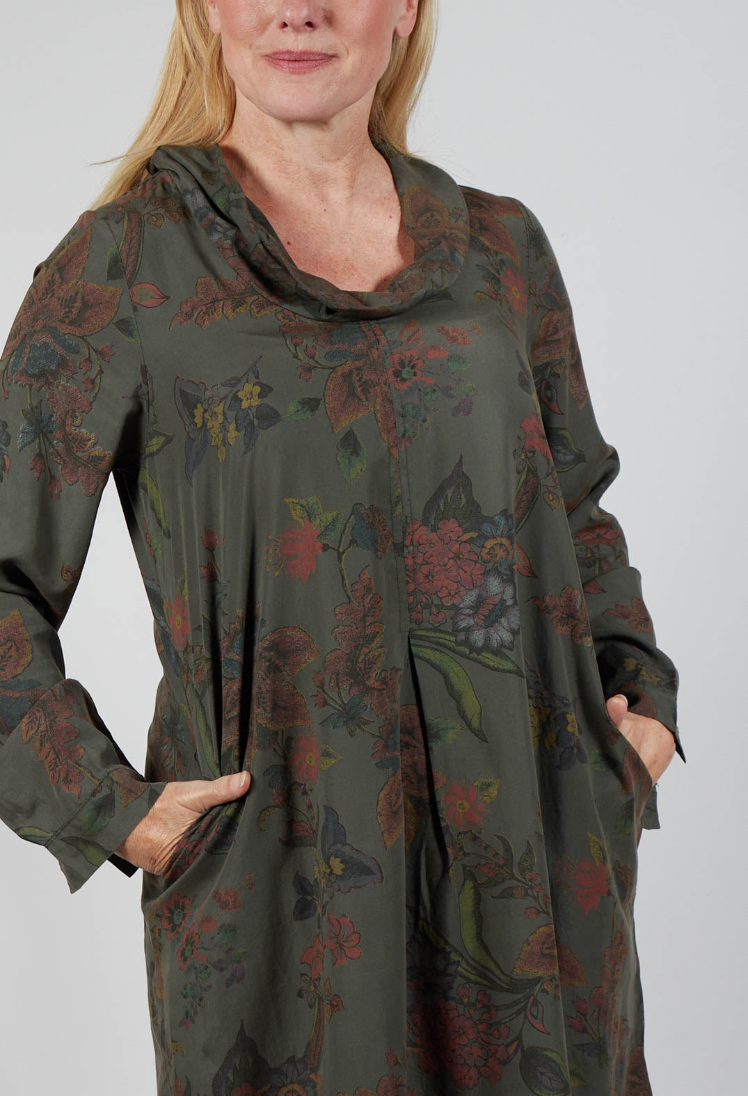 Floral Lyocell Cowl Neck Dress in Moss