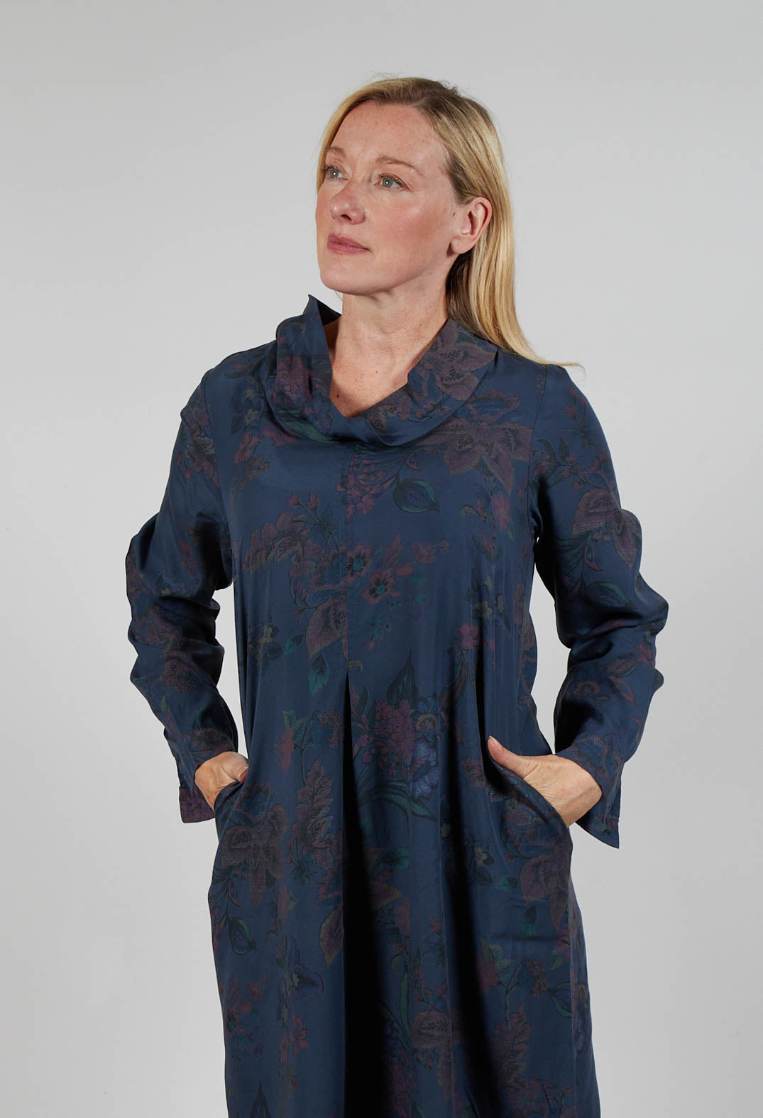 Floral Lyocell Cowl Neck Dress in Navy