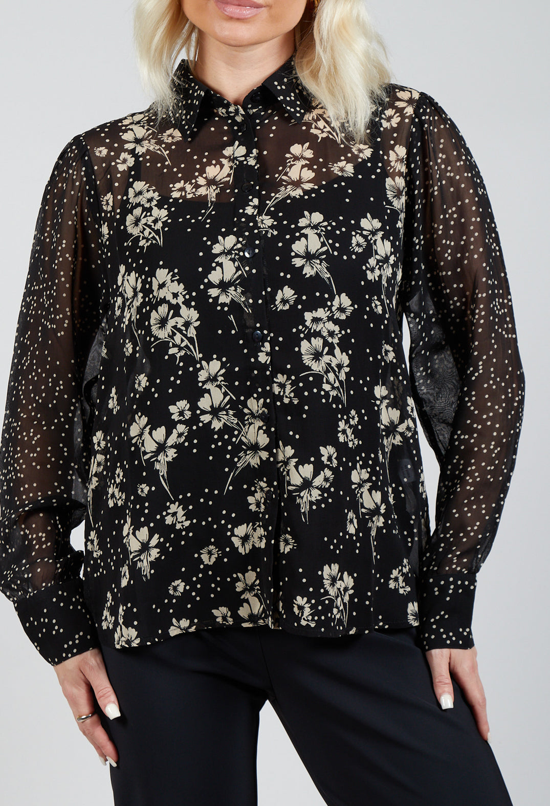 Floral Print Sheer Blouse in Noir