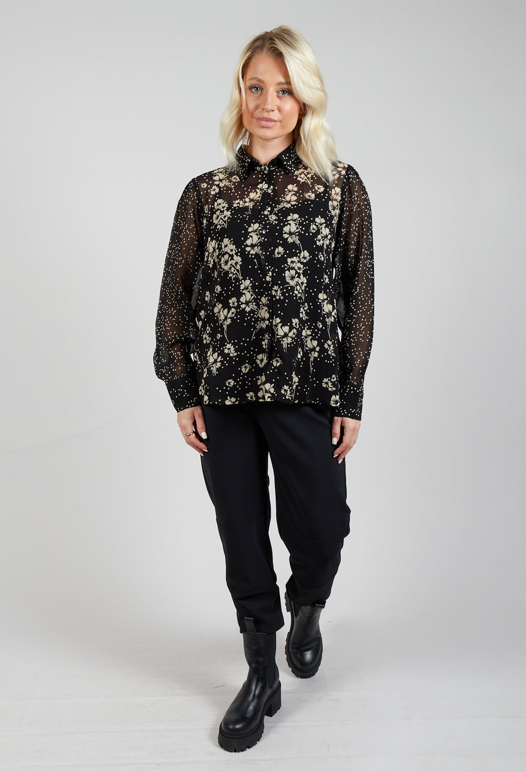 Floral Print Sheer Blouse in Noir