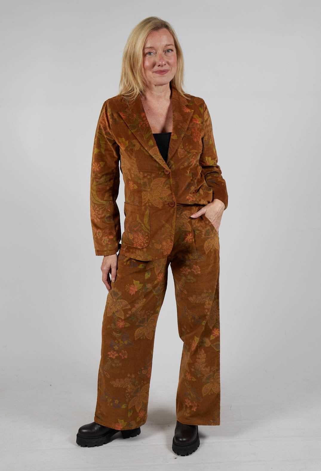 Floral Velvet Palazzo Trousers in Tabacco