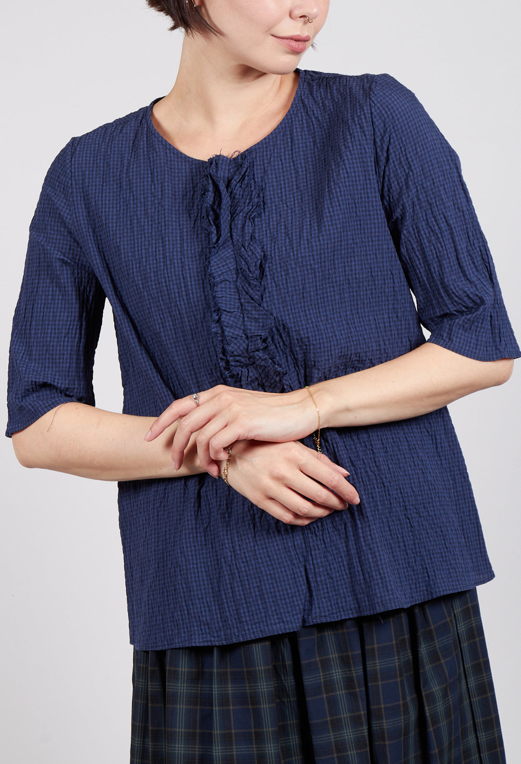 Frill Front Blouse in Blue Night