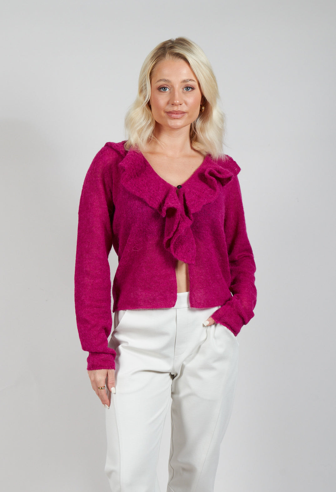 Frill Knit Cardigan in Magenta