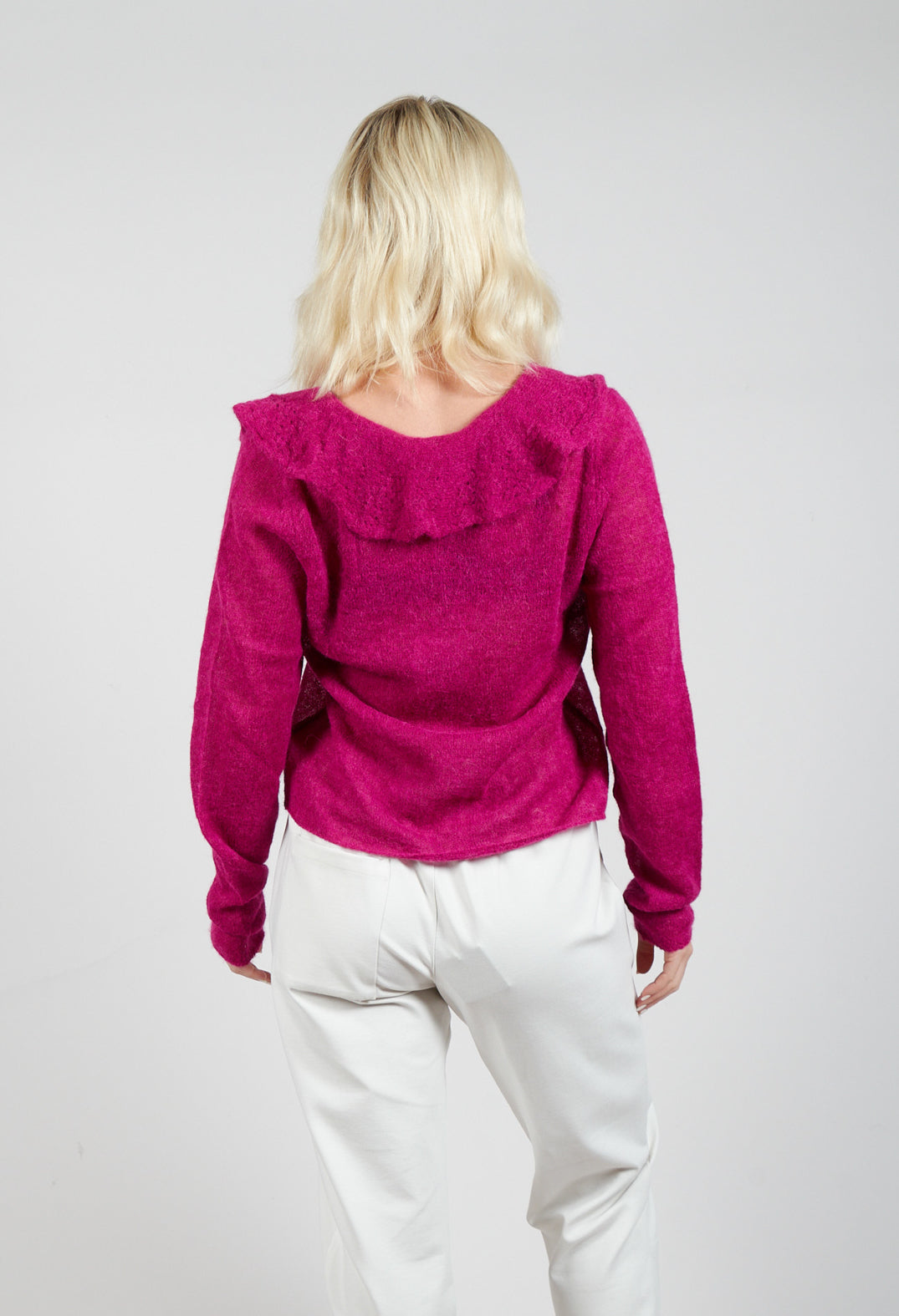 Frill Knit Cardigan in Magenta