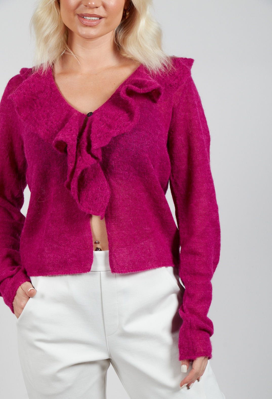 Frill Knit Cardigan in Magenta